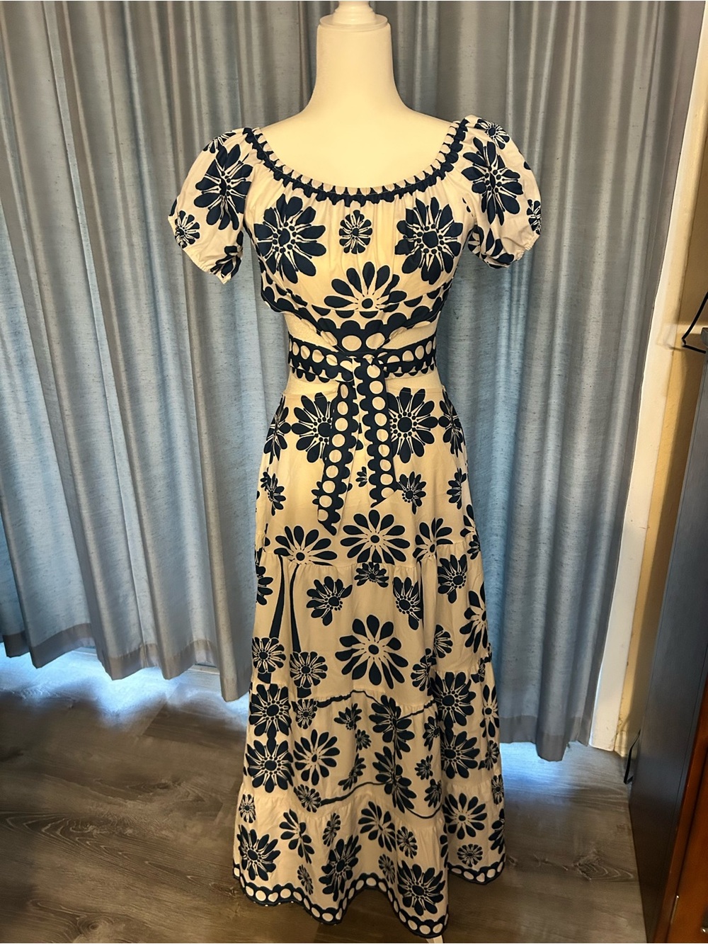 Vintage-Inspired White Dress with Navy Floral Print